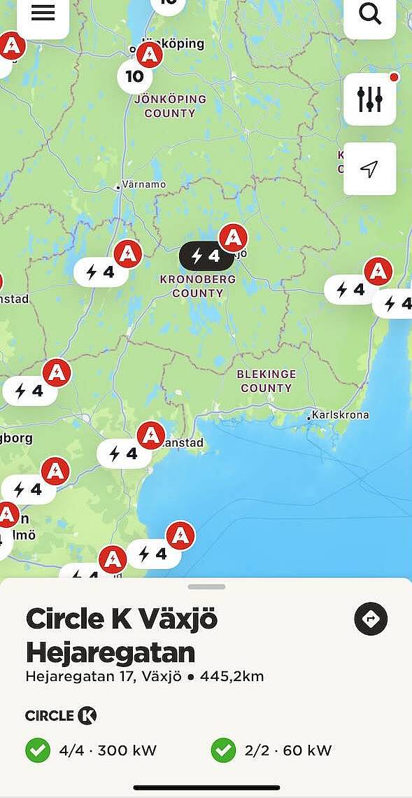 Übersicht der Ladestationen in der CircleK App