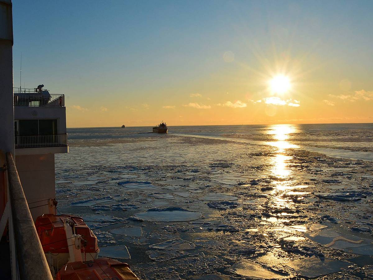 Eisschollen treiben im Sonnenaufgang auf der winterlichene Ostsee