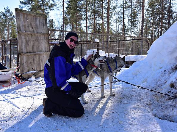 Person streichelt Huskys in verschneiter Landschaft